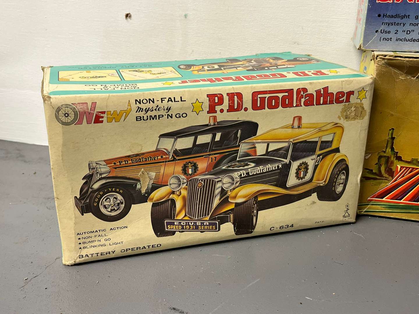 <p>Four Toy Trains and Car, Three in Original Boxes</p>