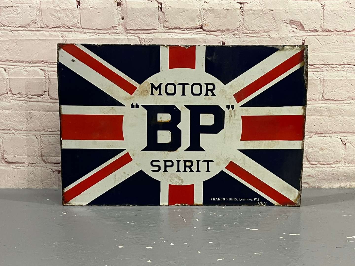 <p>BP Motor Spirit Enamel Union Jack Flange Sign</p>