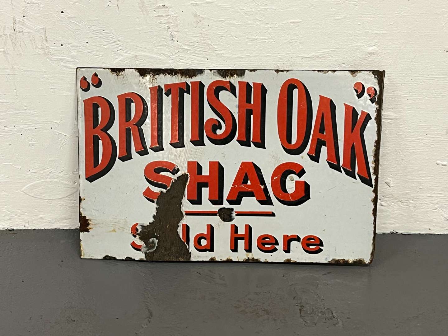 <p>British Oak Shag Sold Here Enamel Flange Sign</p>