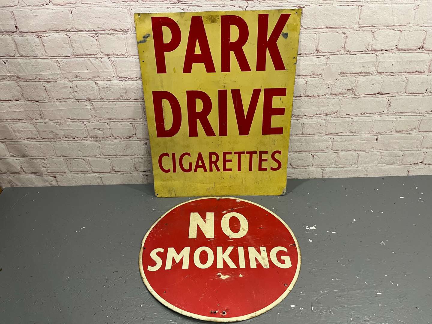 <p>Park Drive Cigarettes and No Smoking Metal Signs (2)</p>