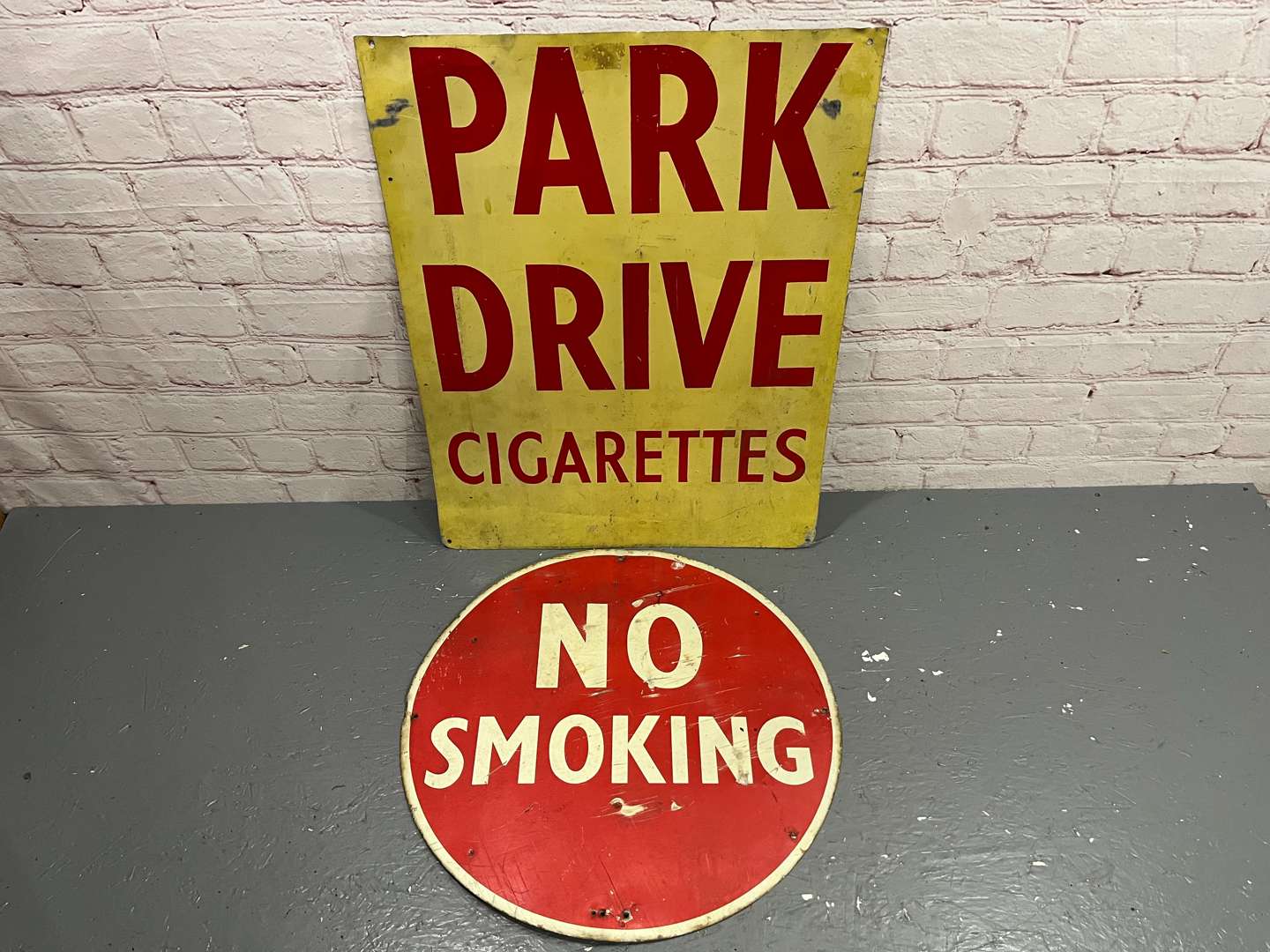 <p>Park Drive Cigarettes and No Smoking Metal Signs (2)</p>