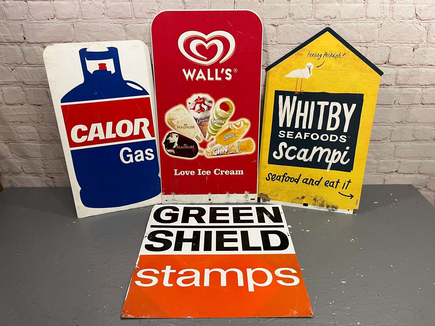 <p>Whitby Seafoods, Walls Ice Cream, Calor Gaz & Green Shield Stamp Sign (4)</p>