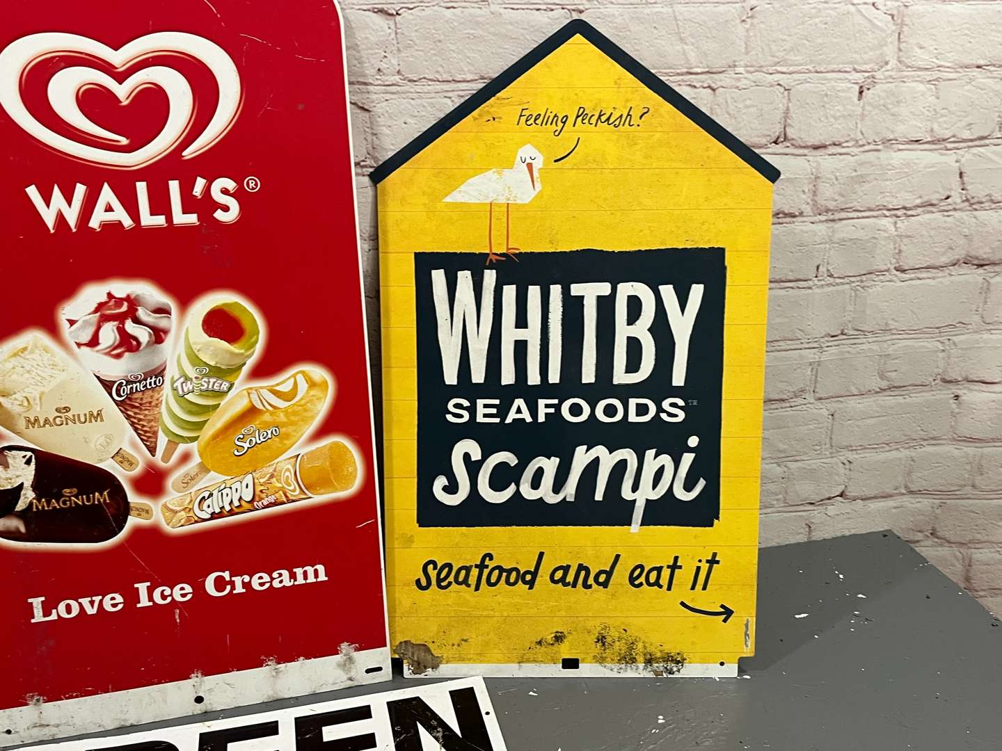 <p>Whitby Seafoods, Walls Ice Cream, Calor Gaz & Green Shield Stamp Sign (4)</p>
