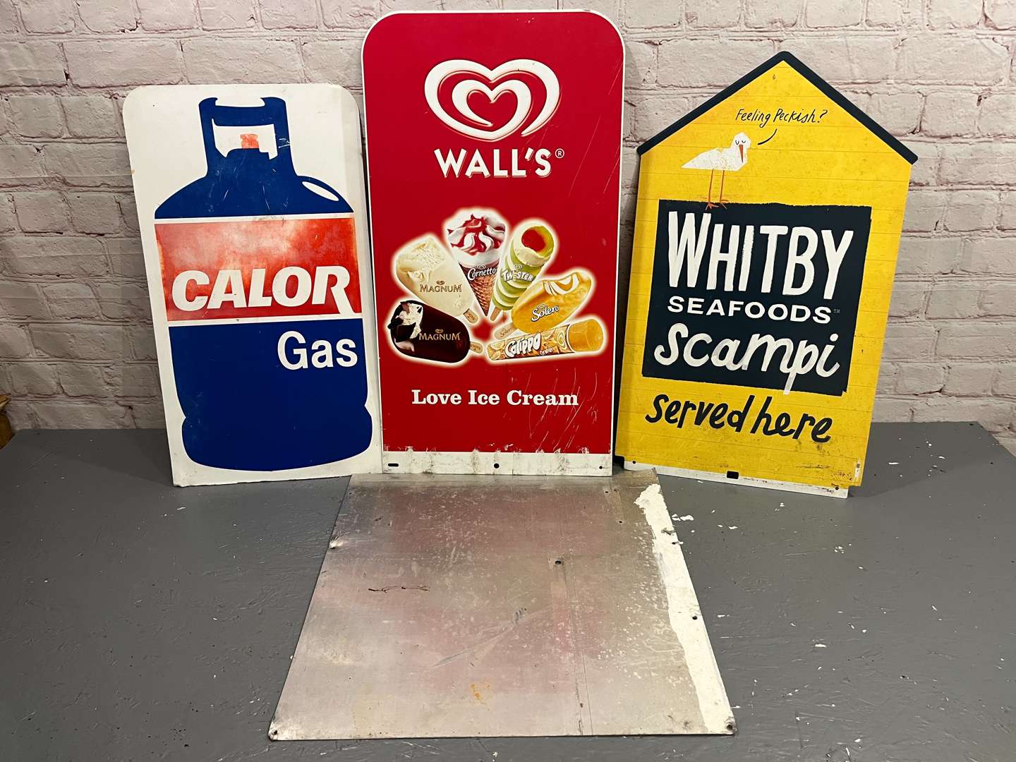 <p>Whitby Seafoods, Walls Ice Cream, Calor Gaz & Green Shield Stamp Sign (4)</p>