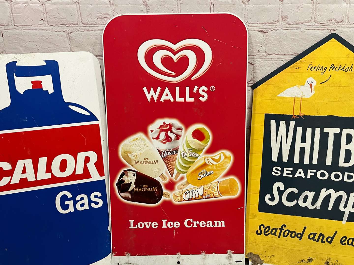 <p>Whitby Seafoods, Walls Ice Cream, Calor Gaz & Green Shield Stamp Sign (4)</p>