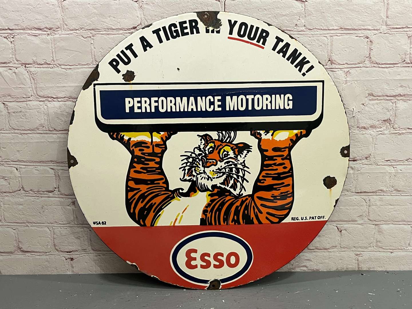 <p>Esso “Put a Tiger In Your Tank” Performance Motoring Enamel Sign</p>