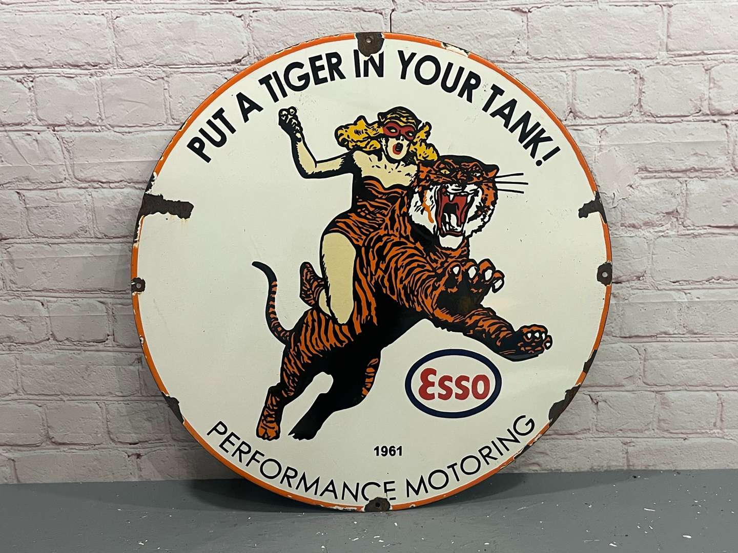 <p>Esso “Put a Tiger In Your Tank” Circular Enamel Sign</p>