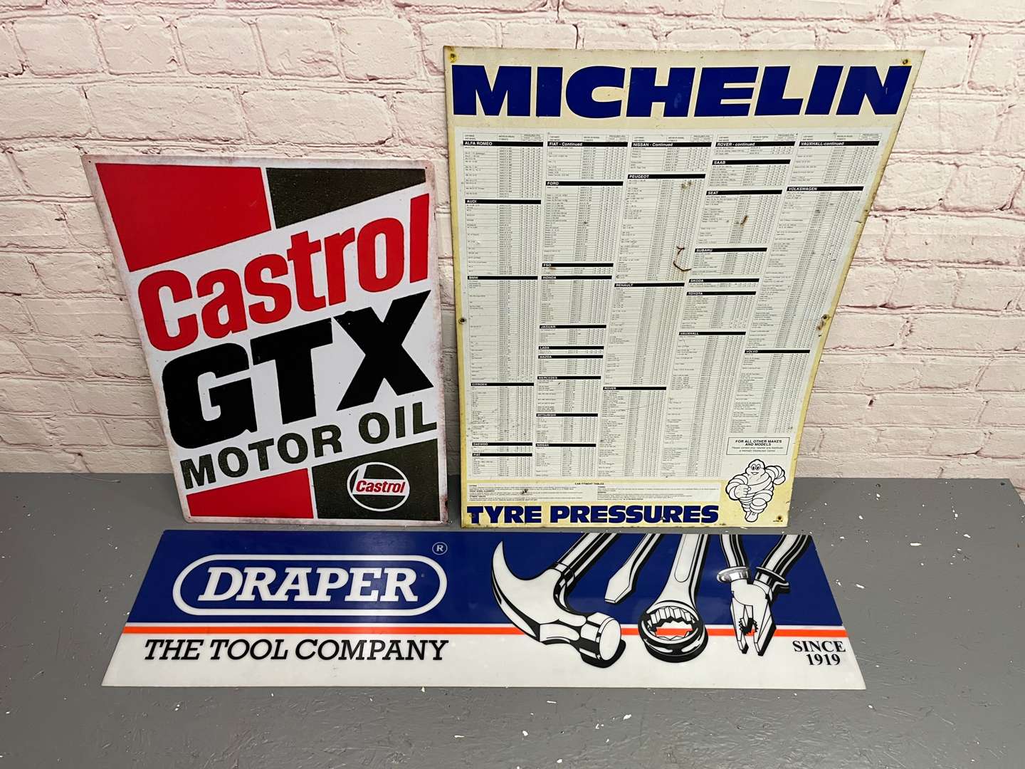 <p>Michelin Tyre Pressure Chart, Castrol GTX Sign & Perspex Draper Sign (3)</p>
