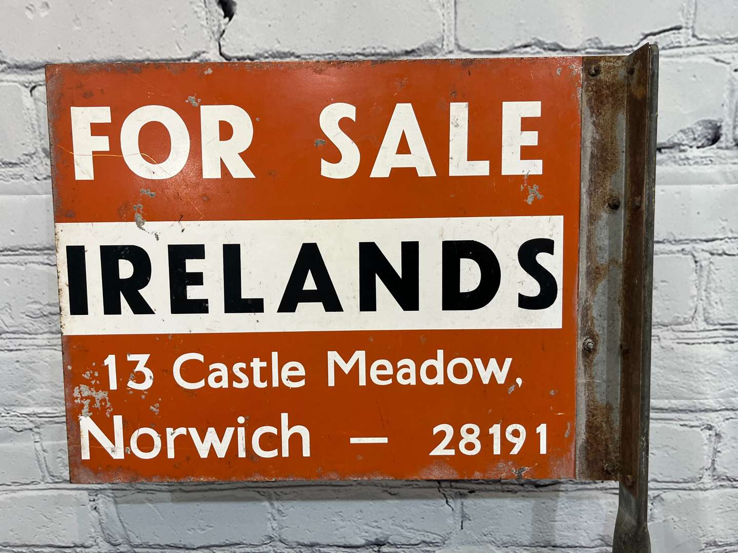 <p>Irelands of 13 Castle Meadow Norwich For Sale Enamel Sign&nbsp;</p>