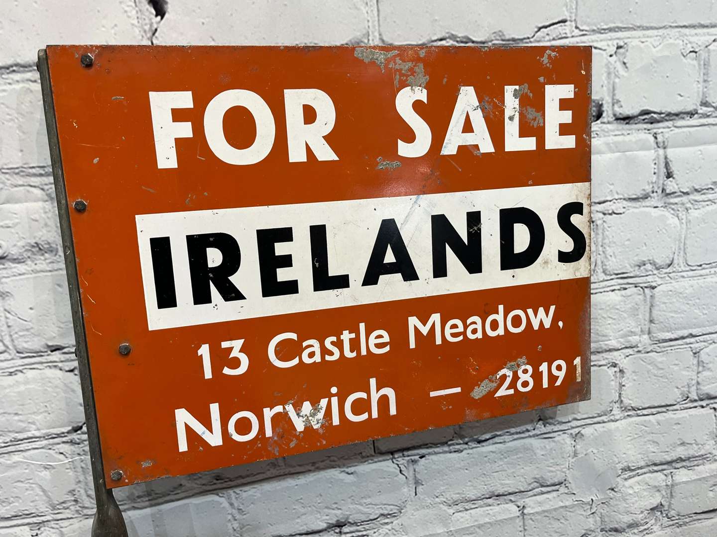 <p>Irelands of 13 Castle Meadow Norwich For Sale Enamel Sign&nbsp;</p>