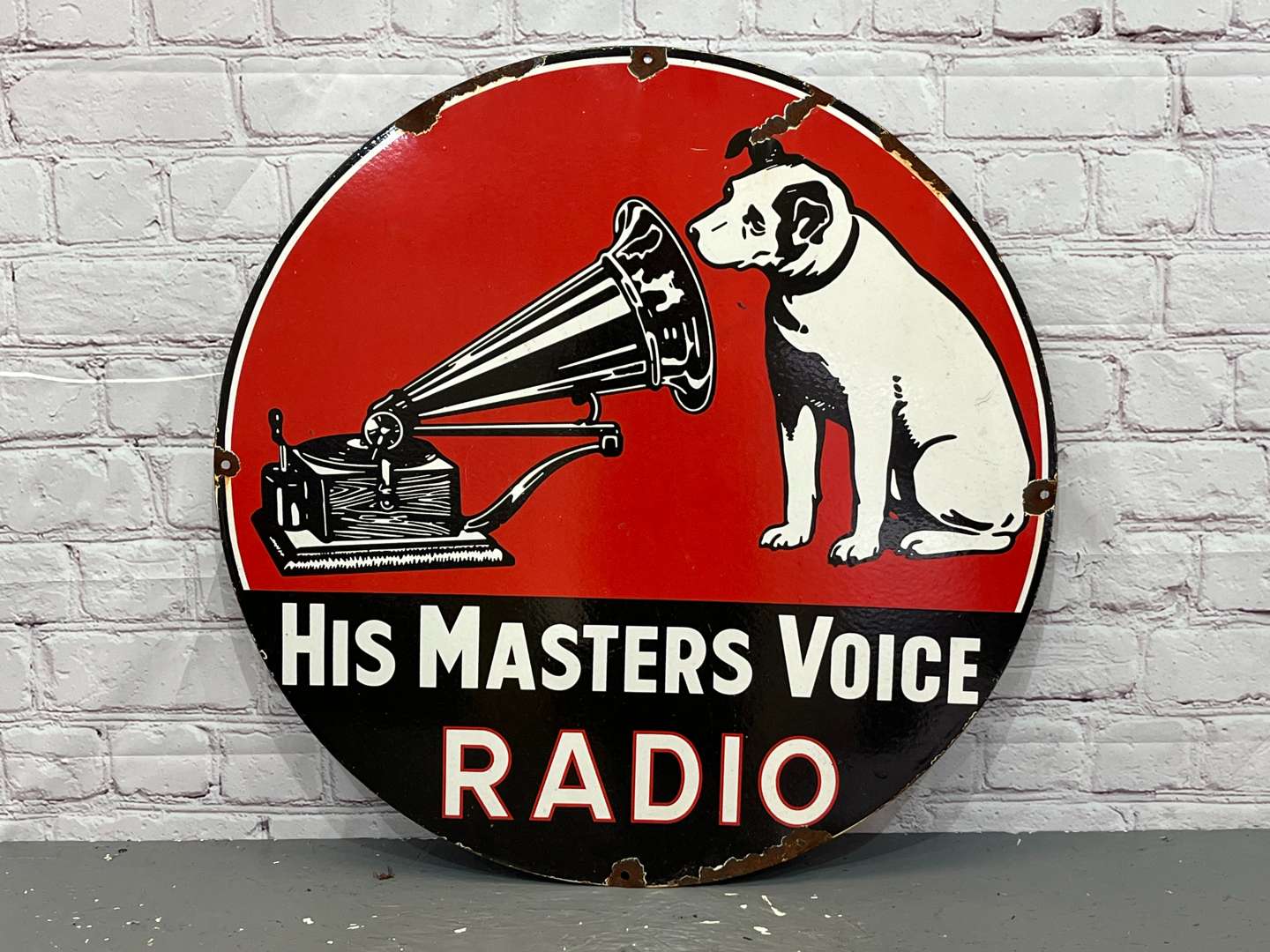 <p>His Masters Voice Radio Circular Enamel Sign</p>
