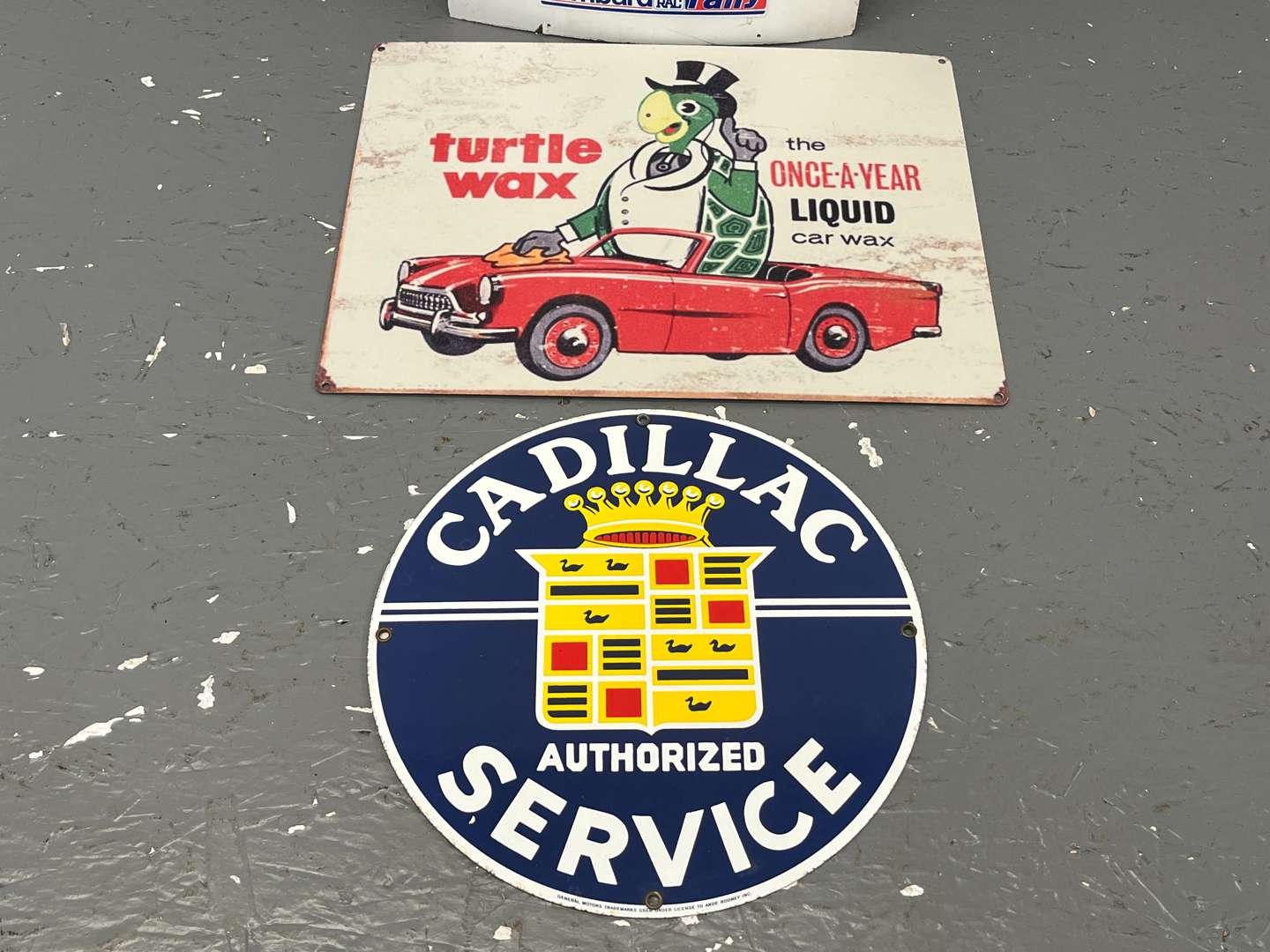 <p>Three Signs, Cadillac Service, Williams Harness Safety & Turtle Wax Sign (3)</p>