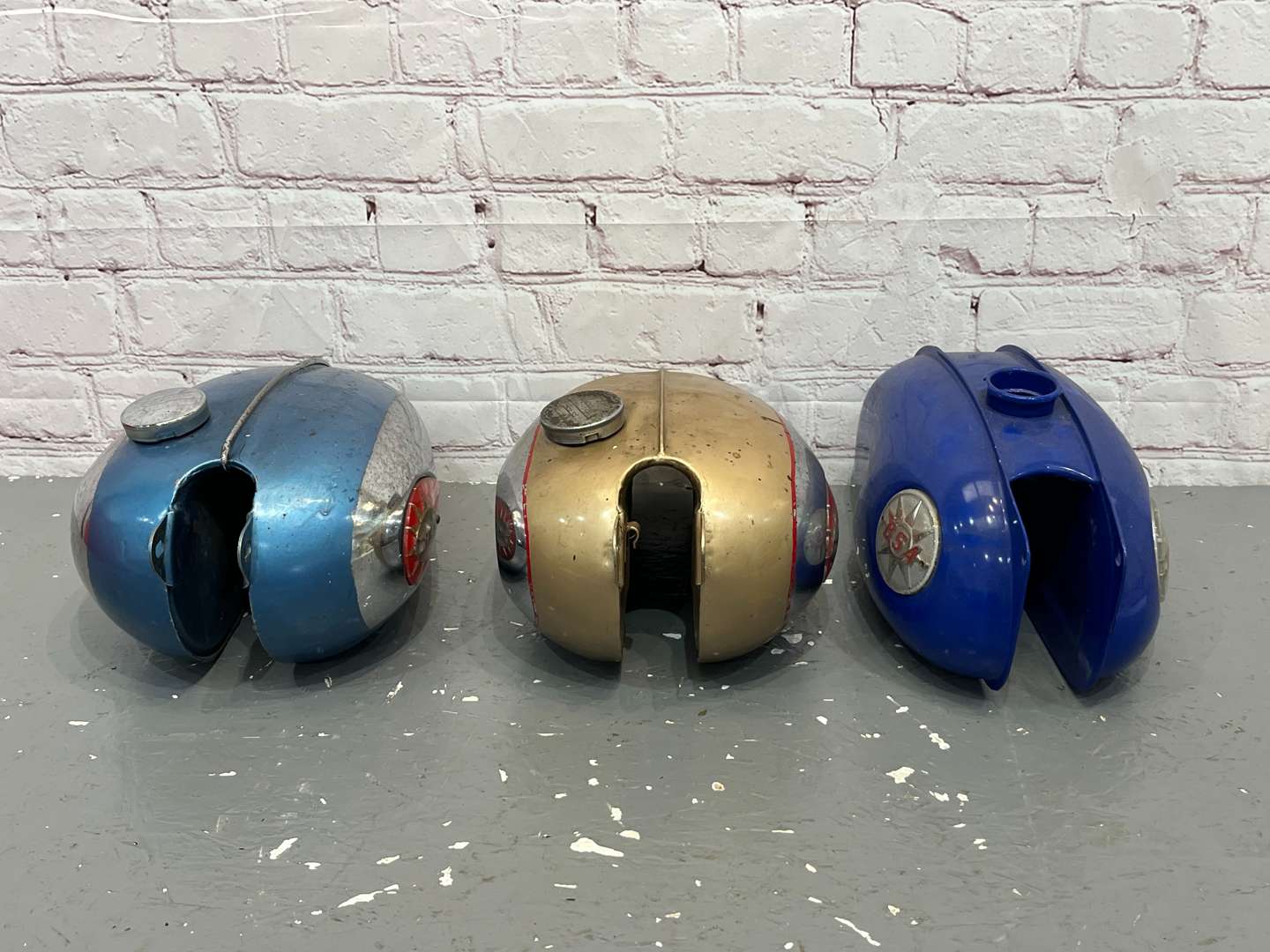 <p>Three BSA Motorbike Fuel Tanks</p>