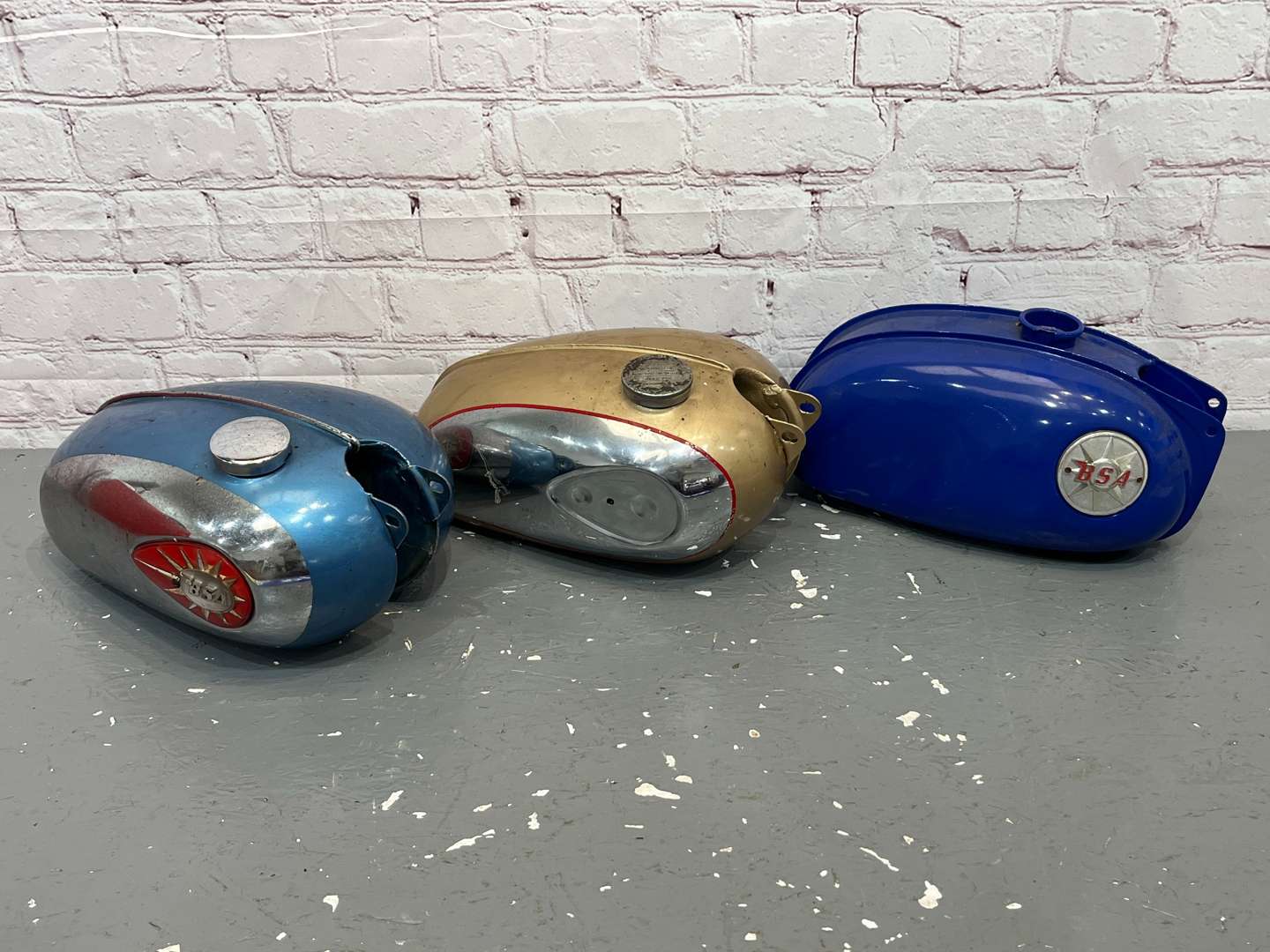 <p>Three BSA Motorbike Fuel Tanks</p>