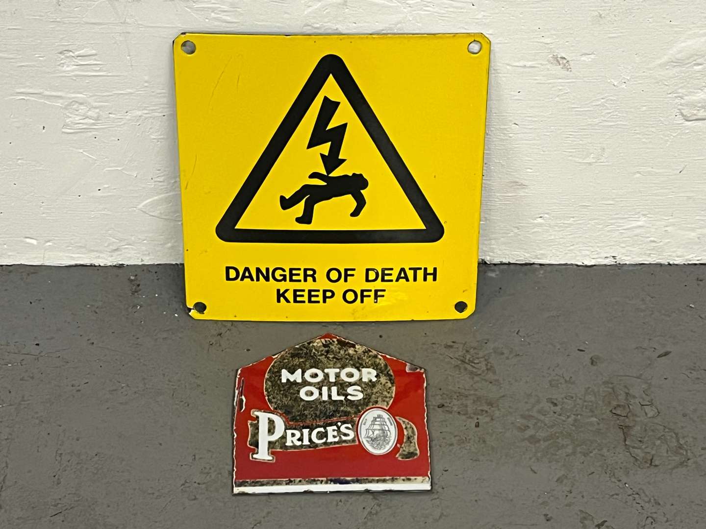 <p>Danger of Death Sign & Part Prices Motor Oils Enamel Sign (2)</p>