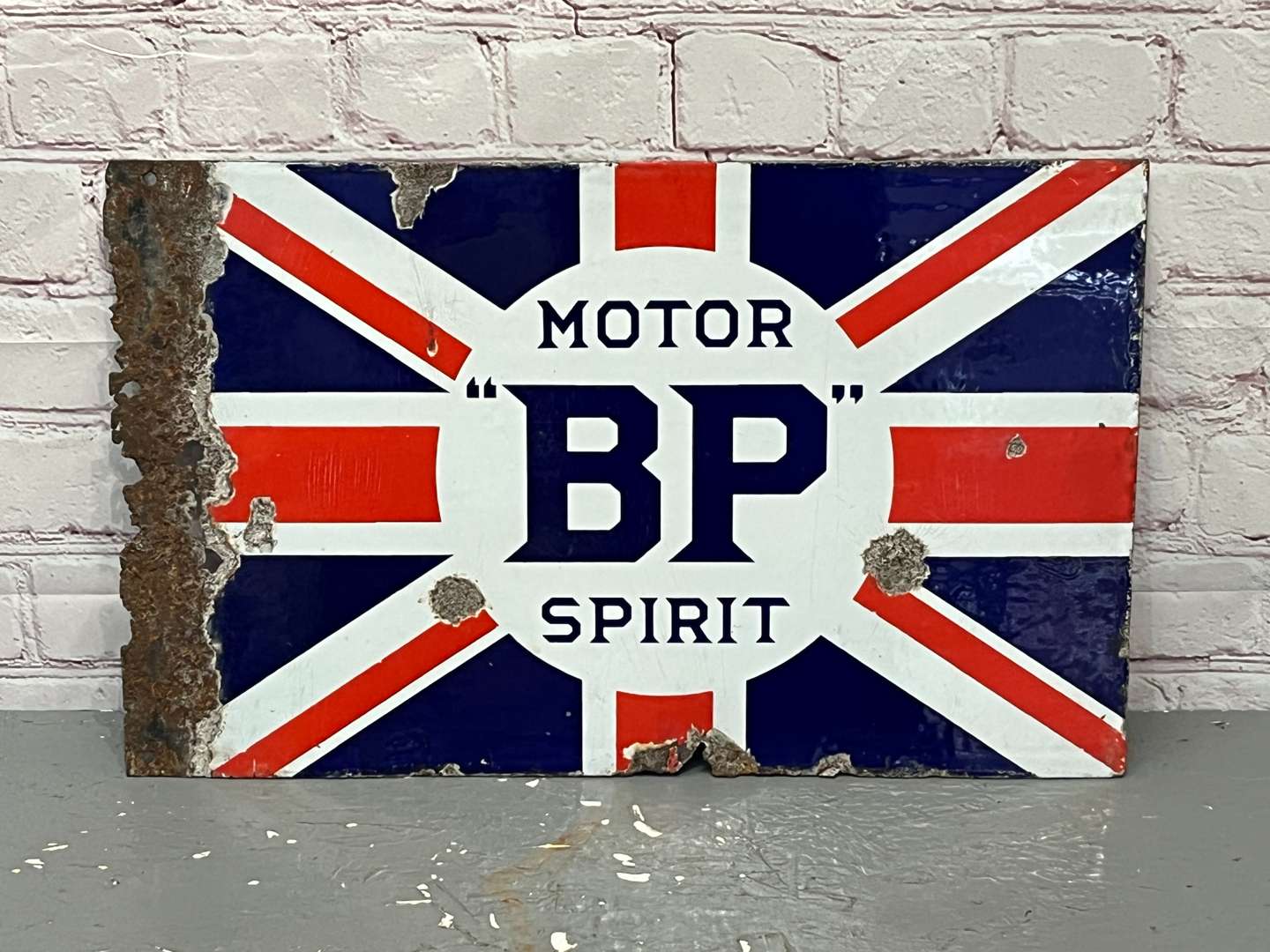 <p>Union Jack BP Motor Spirit Enamel Flange Sign</p>
