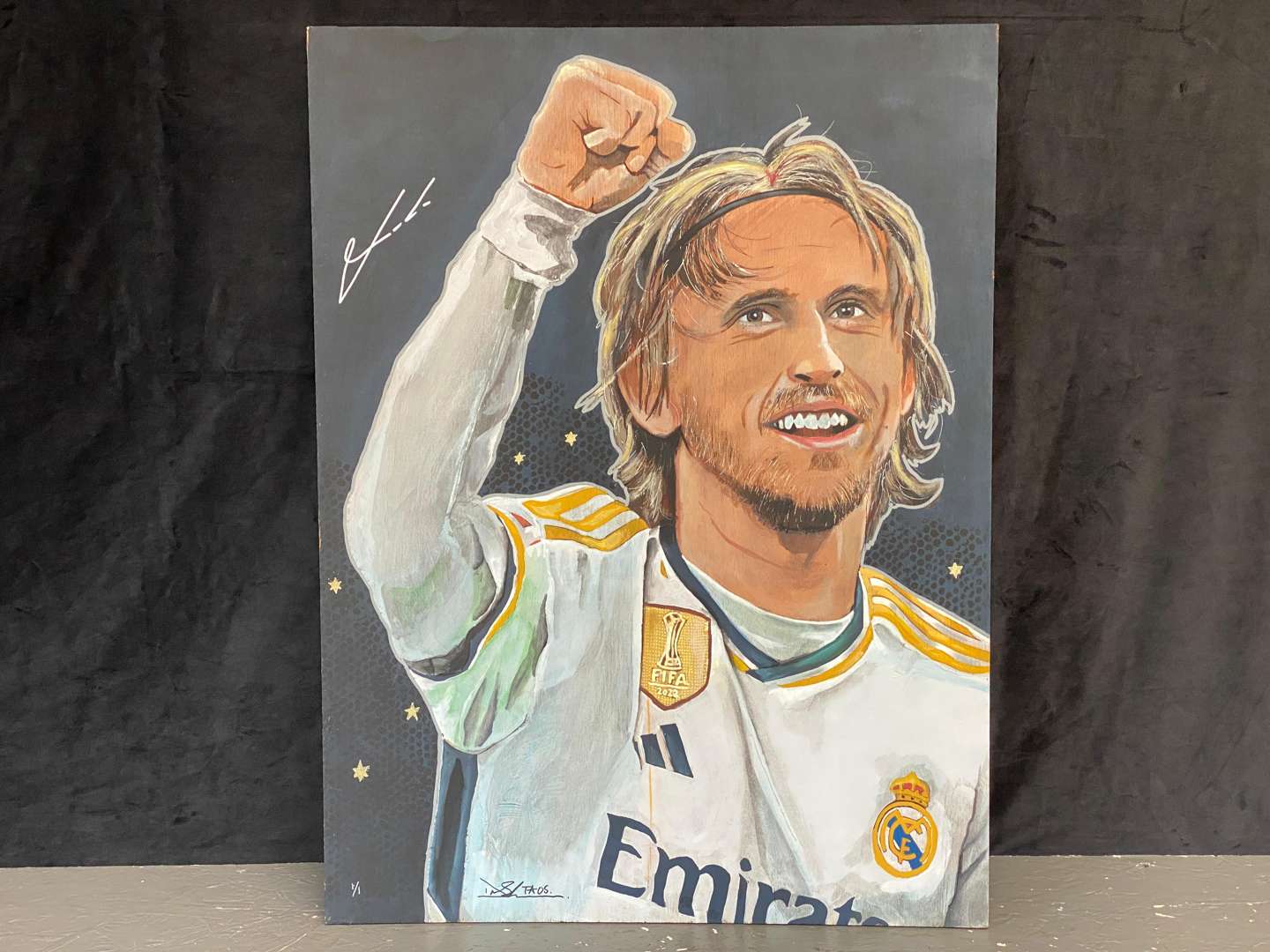 <p>DAVID SHEARER, “LUKA MODRIC”, SIGNED ACRYLIC ON ON BOARD</p>
