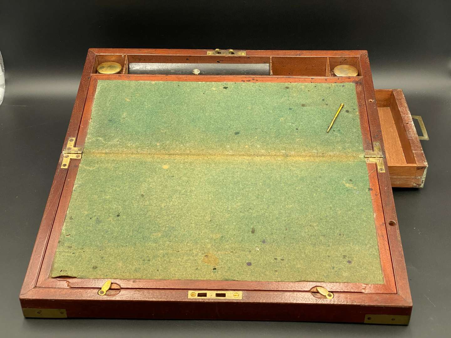 <p>MAHOGANY, BRASS BOUND WRITING SLOPE</p>