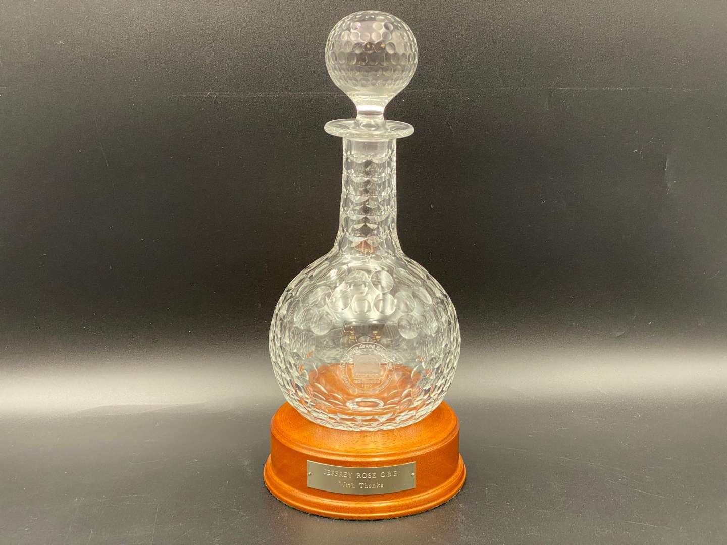 <p>TRONICO GRAND PRIX DRIVERS GOLFING TROPHY, 1997, HOGGIT DECANTER</p>