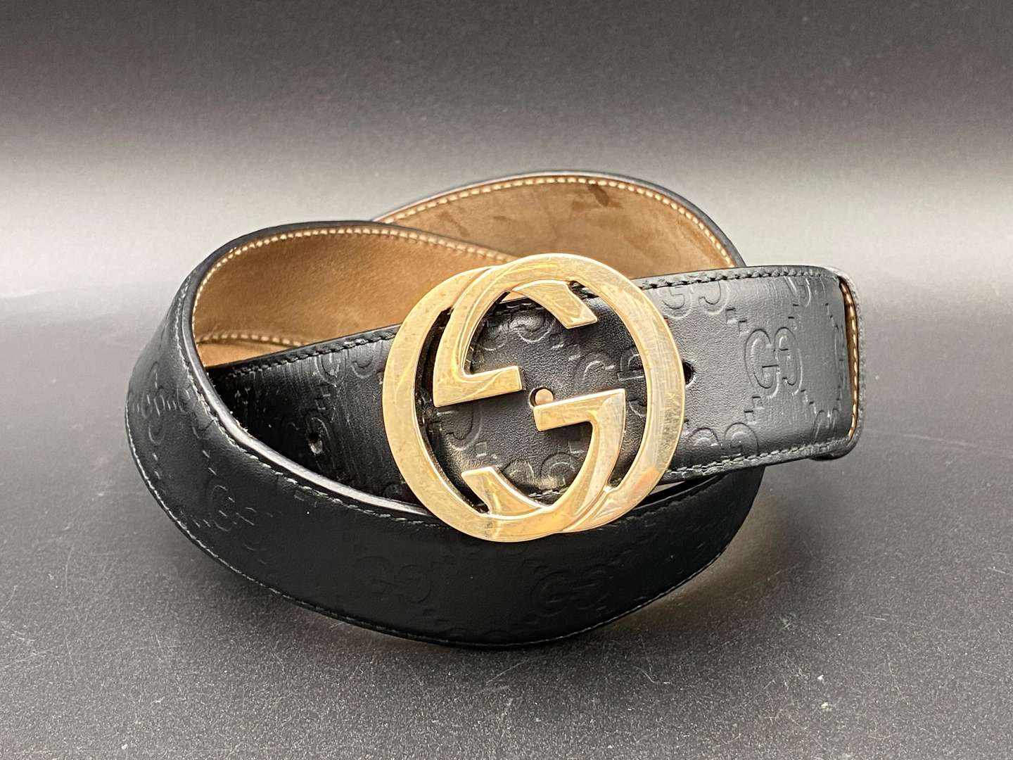 <p>GUCCI, GUCCISSIMA GG MONOGRAMMED BLACK LEATHER BELT, 85/34</p>