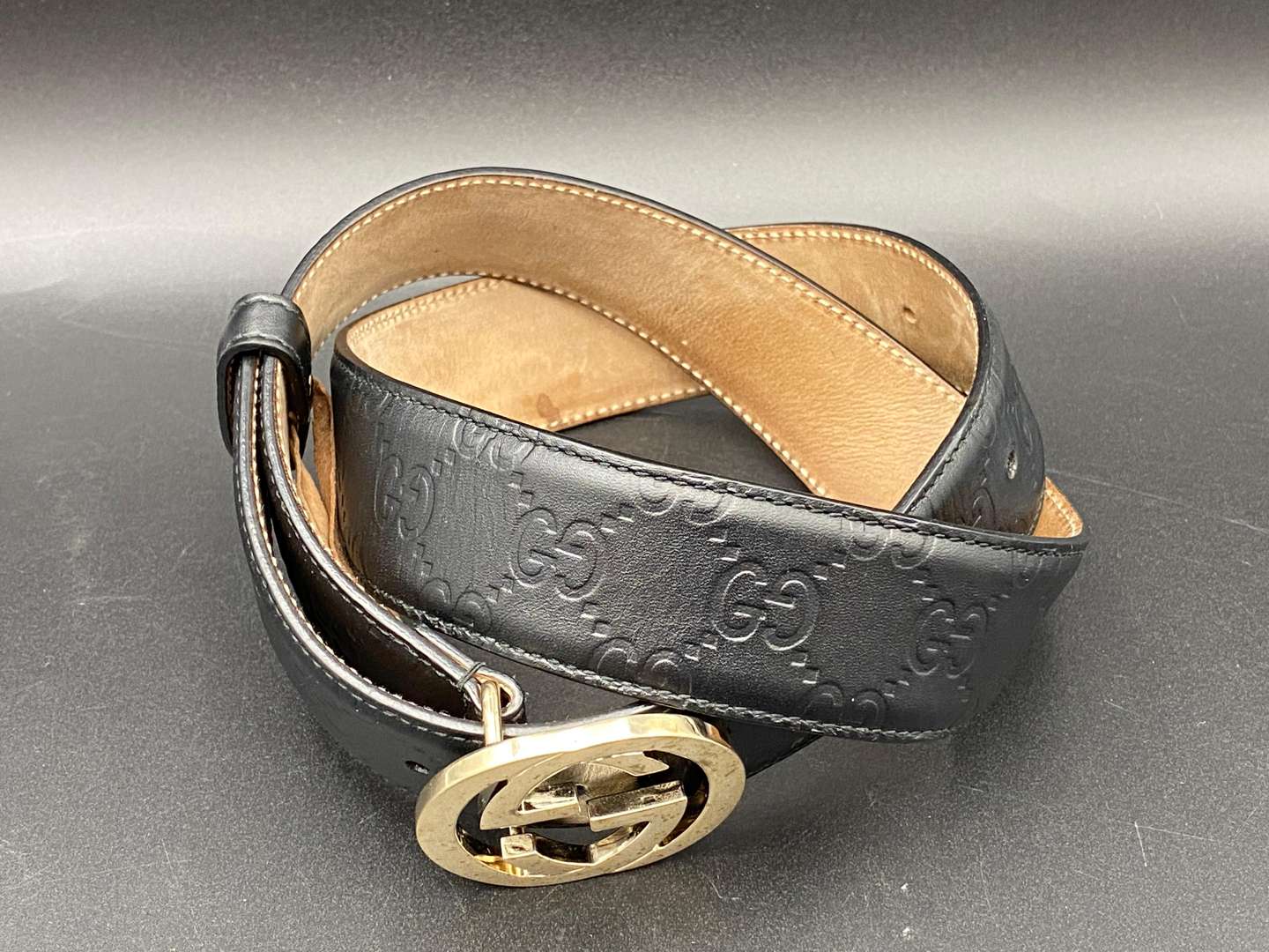 <p>GUCCI, GUCCISSIMA GG MONOGRAMMED BLACK LEATHER BELT, 85/34</p>