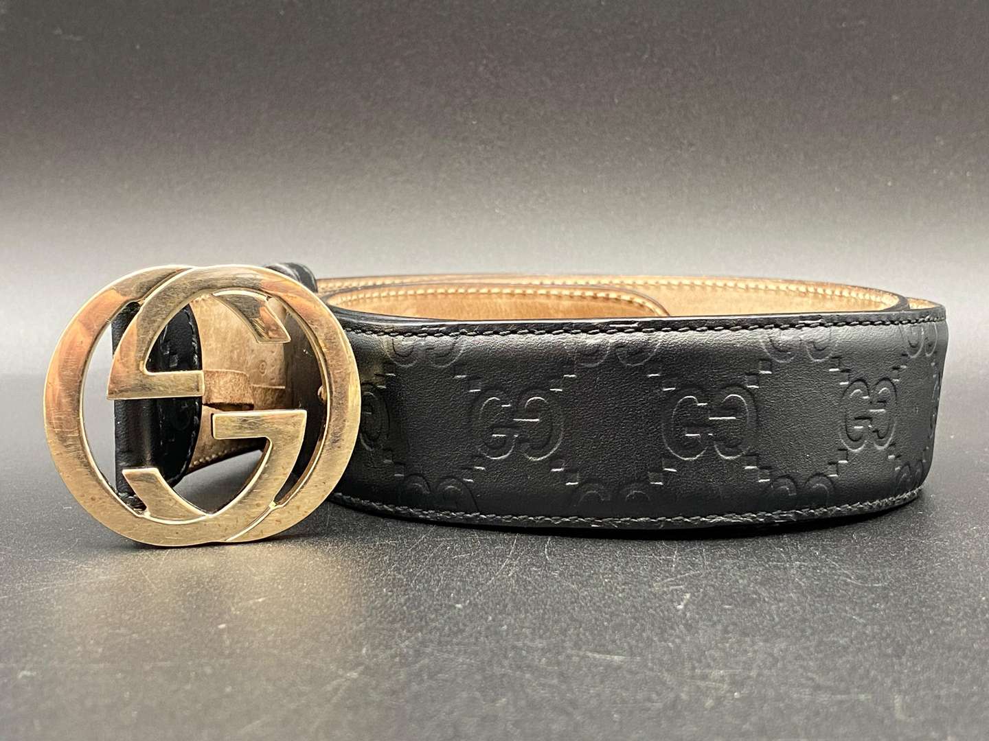 <p>GUCCI, GUCCISSIMA GG MONOGRAMMED BLACK LEATHER BELT, 85/34</p>