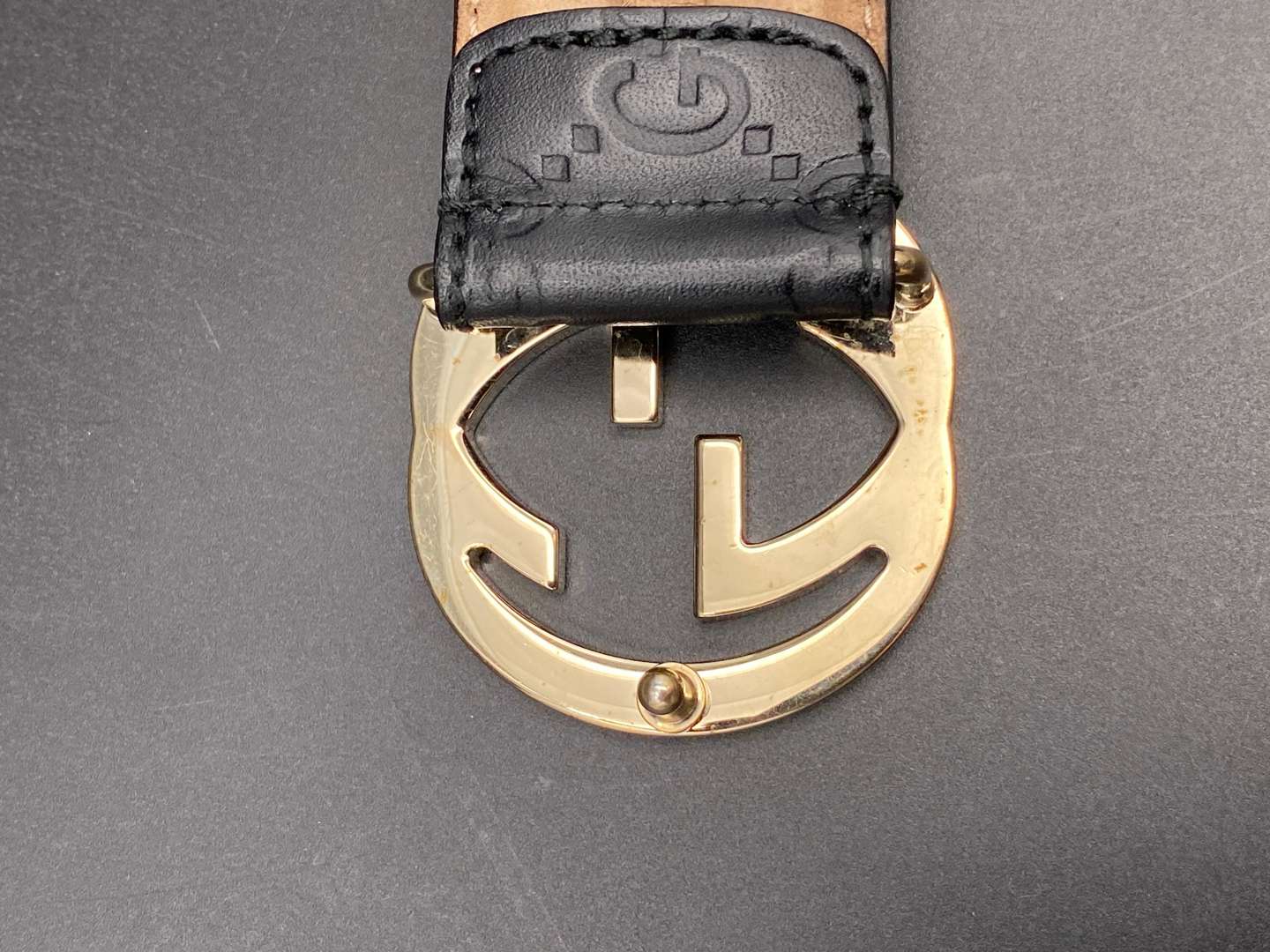 <p>GUCCI, GUCCISSIMA GG MONOGRAMMED BLACK LEATHER BELT, 85/34</p>