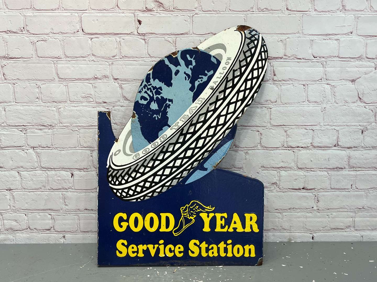 <p>Goodyear Service Station Large Flange Enamel Sign</p>