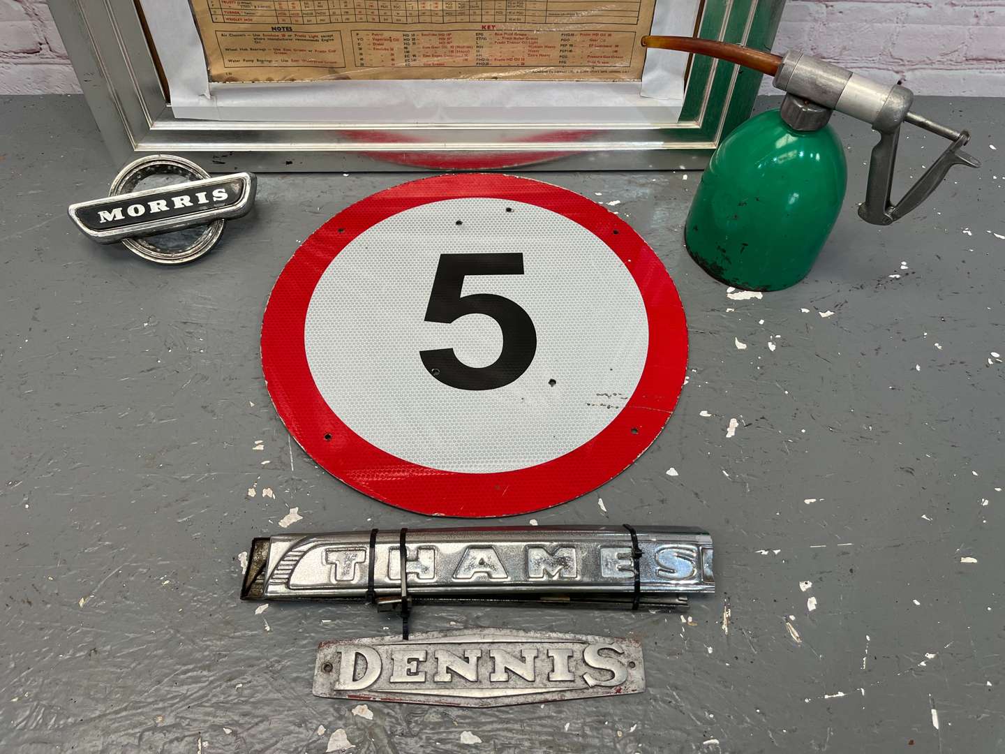 <p>Esso Framed Lubrication Chart, 5 MPH Sign Commercial Badges Etc</p>