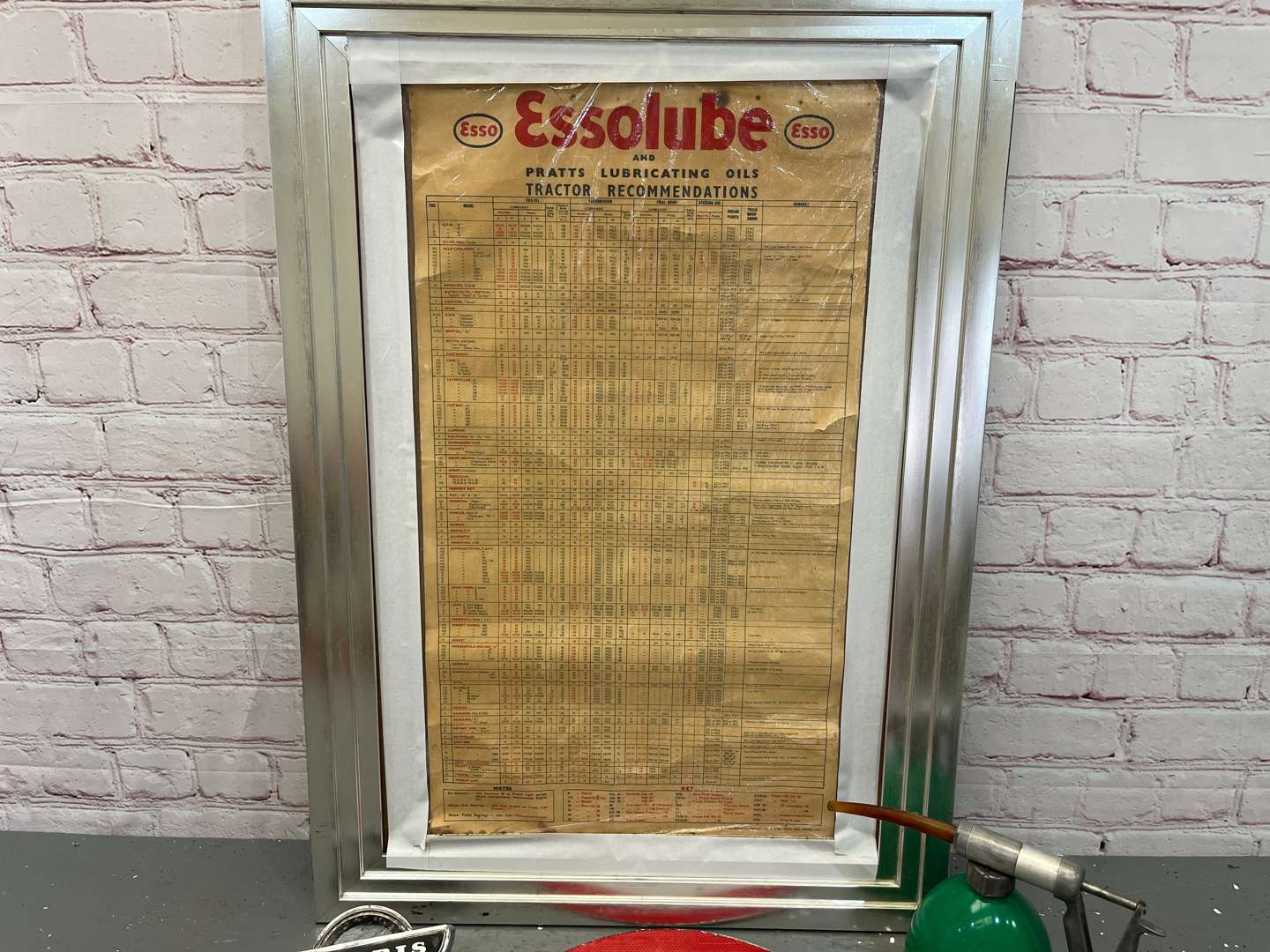 <p>Esso Framed Lubrication Chart, 5 MPH Sign Commercial Badges Etc</p>