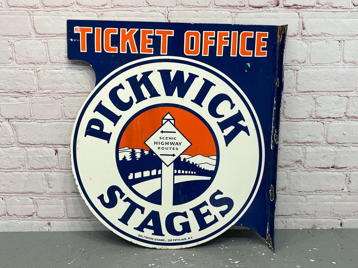 <p>Pickwick Stages Ticket Office Enamel Flange Sign&nbsp;</p>