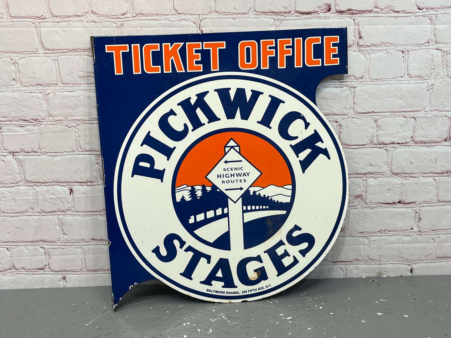 <p>Pickwick Stages Ticket Office Enamel Flange Sign&nbsp;</p>