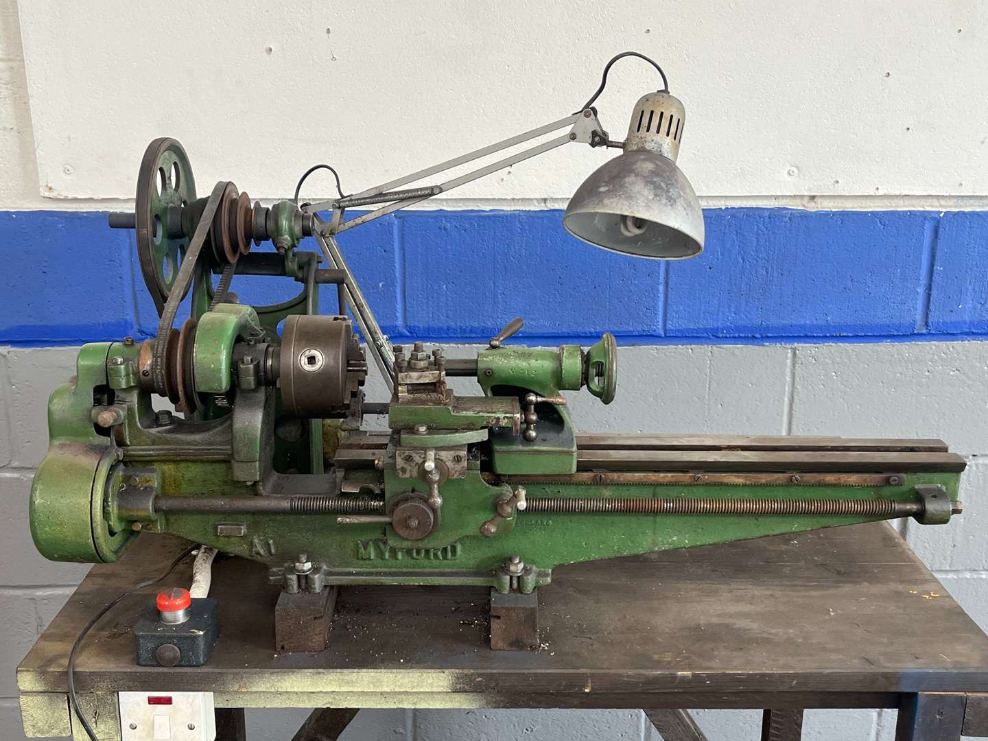 <p>Myford Metal Lathe Mounted on a Work Bench</p>
