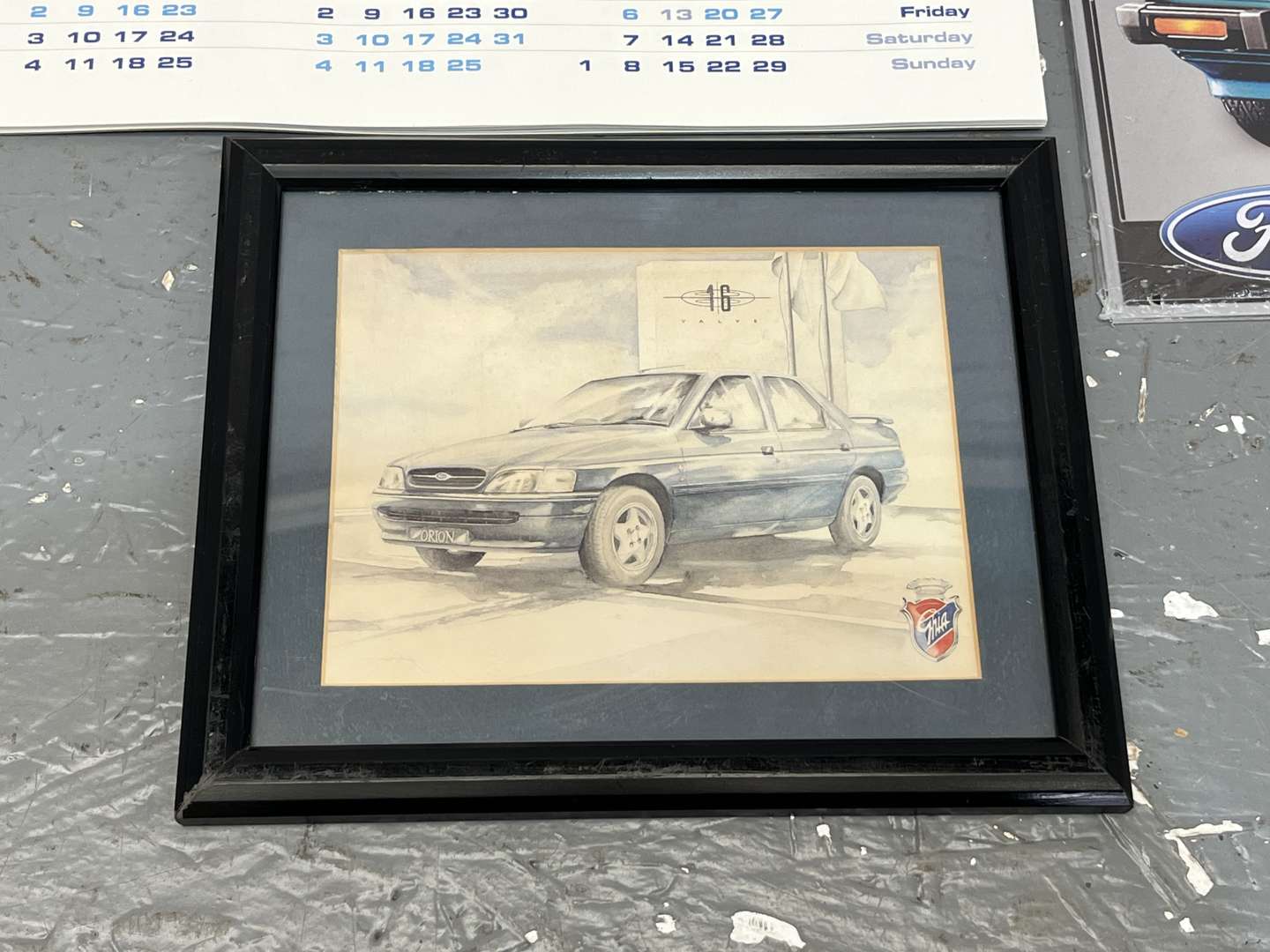 <p>Two Ford Tin Signs, 1990 Ford Calendar Ford Ghia Print & Jim Clark Print (5)</p>
