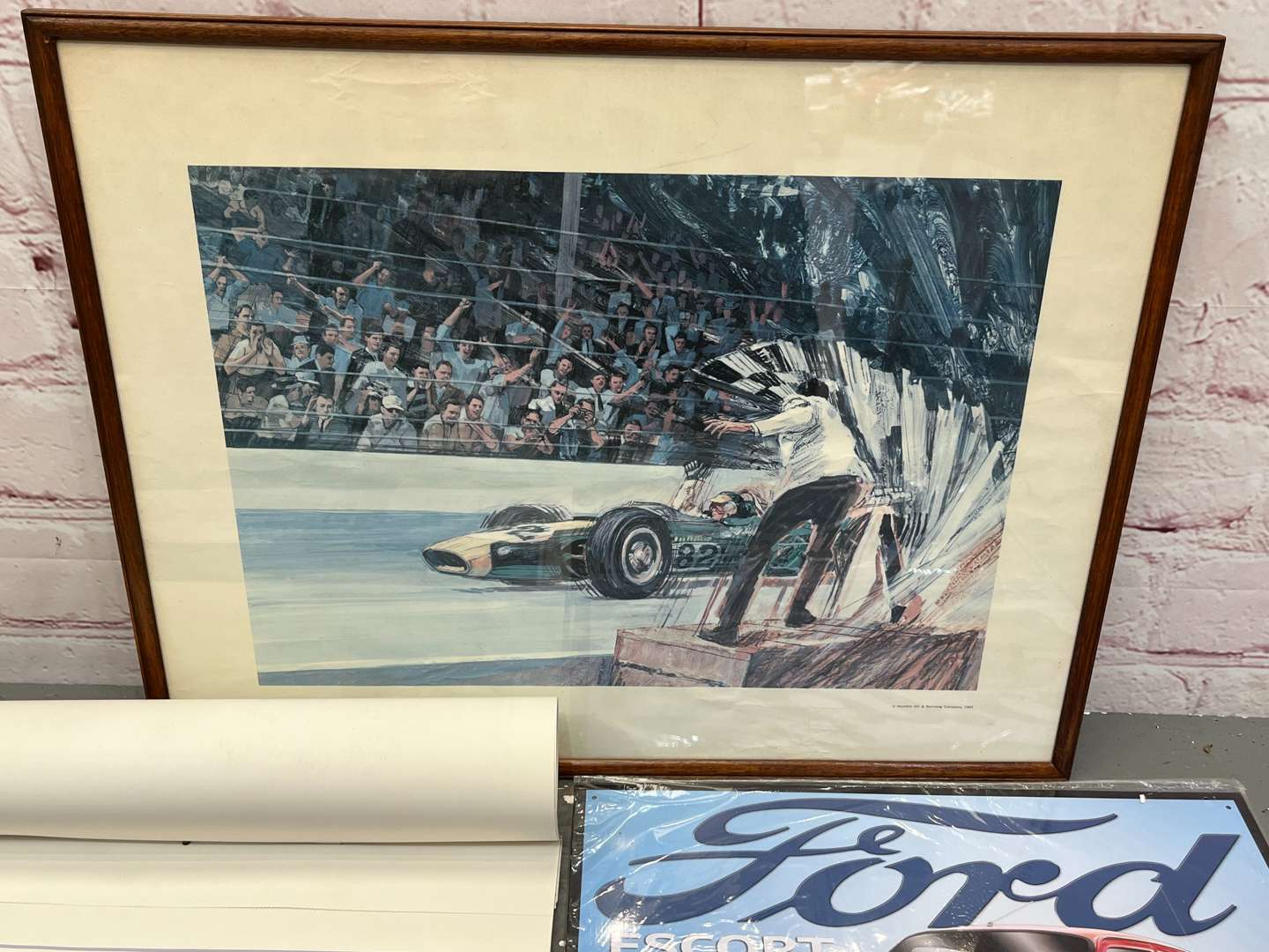 <p>Two Ford Tin Signs, 1990 Ford Calendar Ford Ghia Print & Jim Clark Print (5)</p>