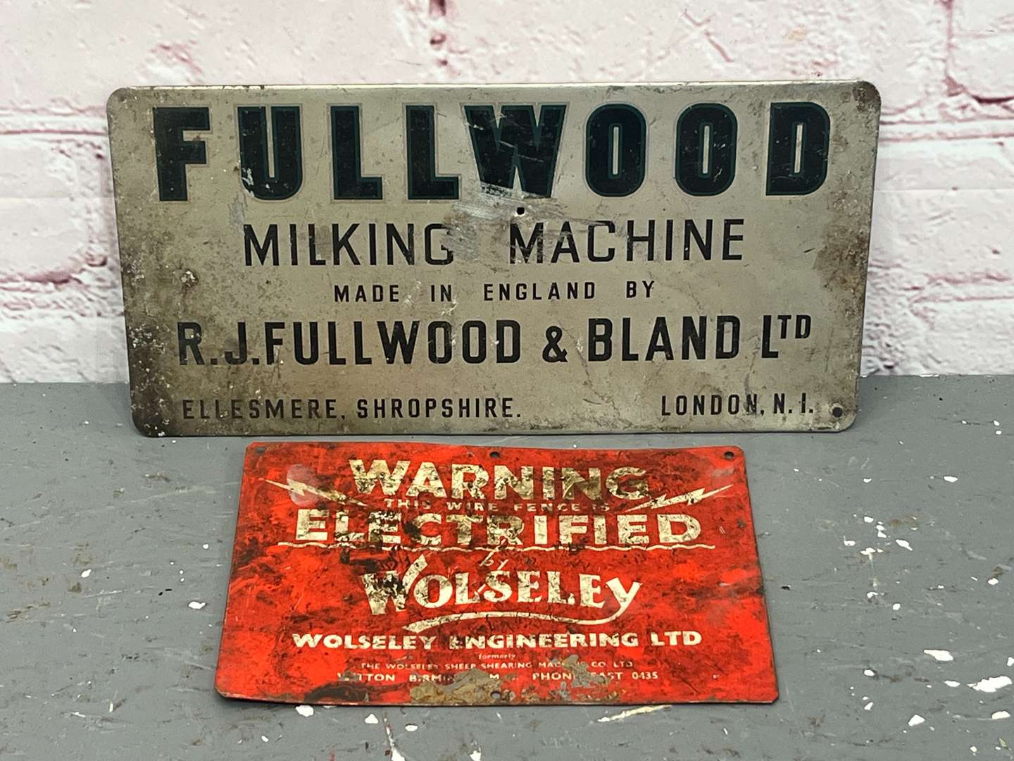 <p>Fullwood Milking Machine & Warning Electrified By Wolseley Tin Signs (2)</p>