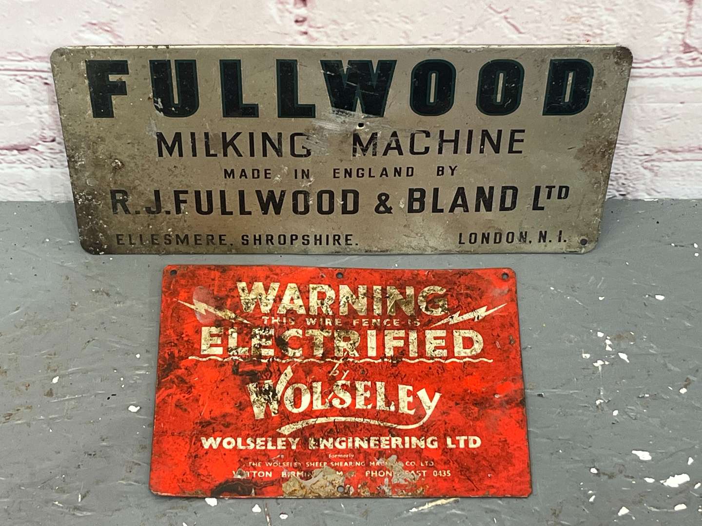 <p>Fullwood Milking Machine & Warning Electrified By Wolseley Tin Signs (2)</p>