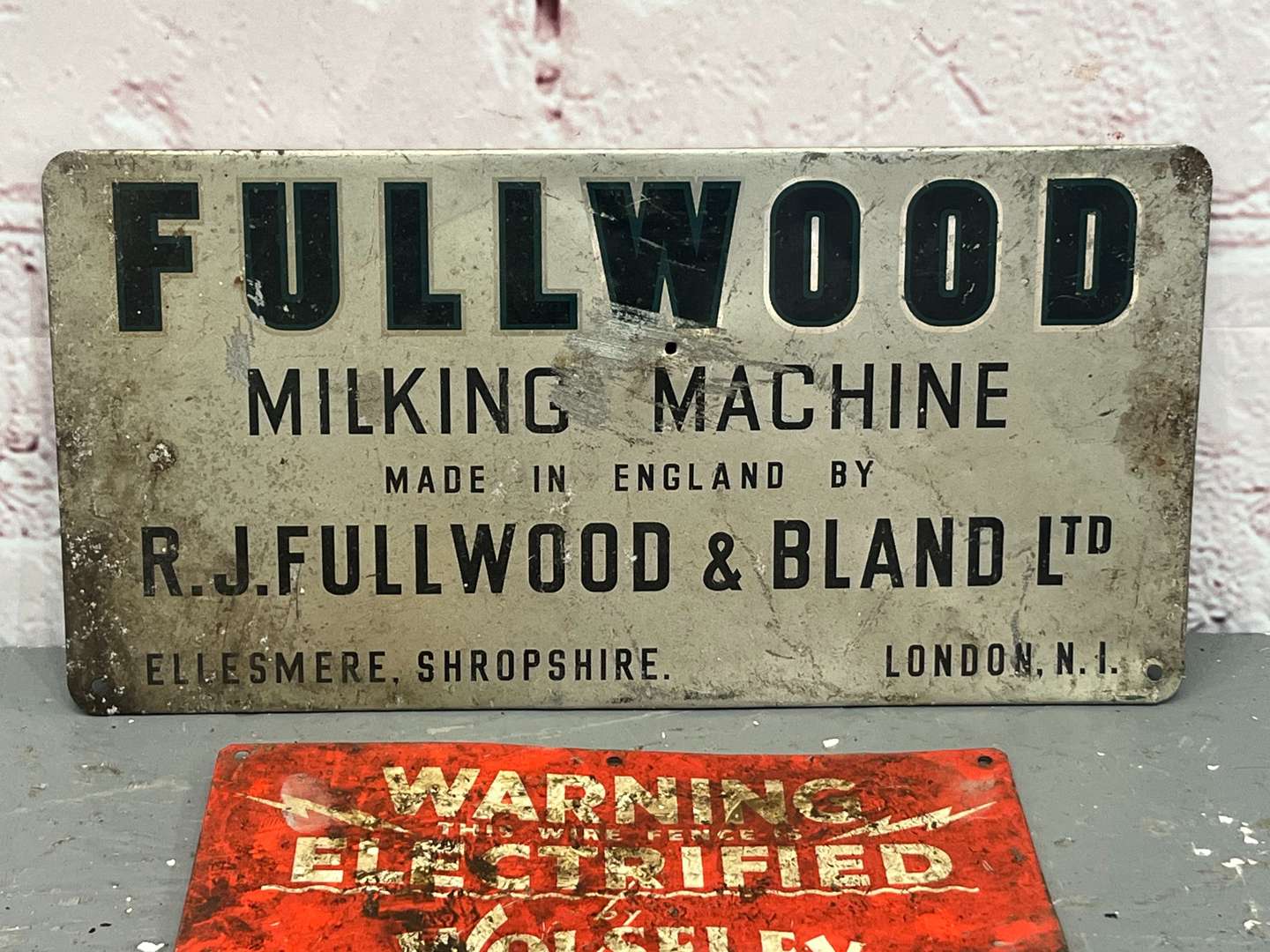 <p>Fullwood Milking Machine & Warning Electrified By Wolseley Tin Signs (2)</p>