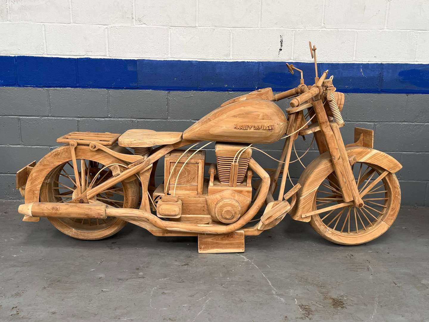 <p>Wooden Made Full Size Model of a Harley-Davidson</p>