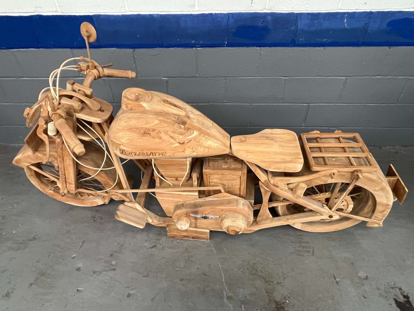 <p>Wooden Made Full Size Model of a Harley-Davidson</p>