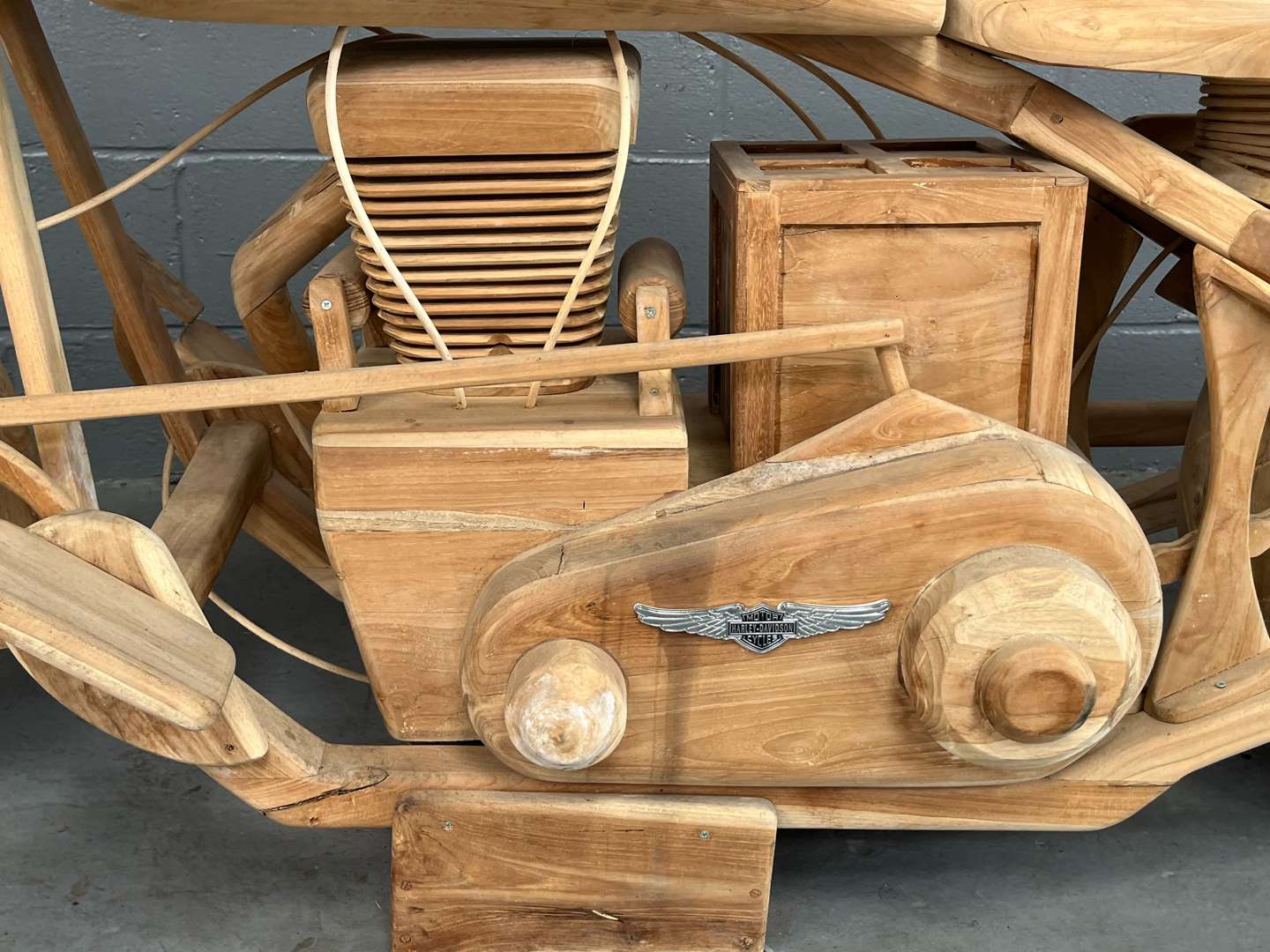 <p>Wooden Made Full Size Model of a Harley-Davidson</p>