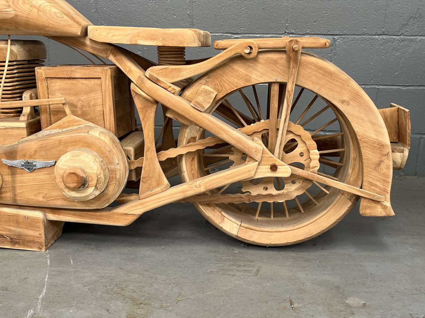 <p>Wooden Made Full Size Model of a Harley-Davidson</p>