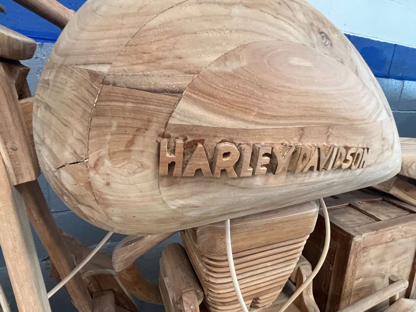<p>Wooden Made Full Size Model of a Harley-Davidson</p>