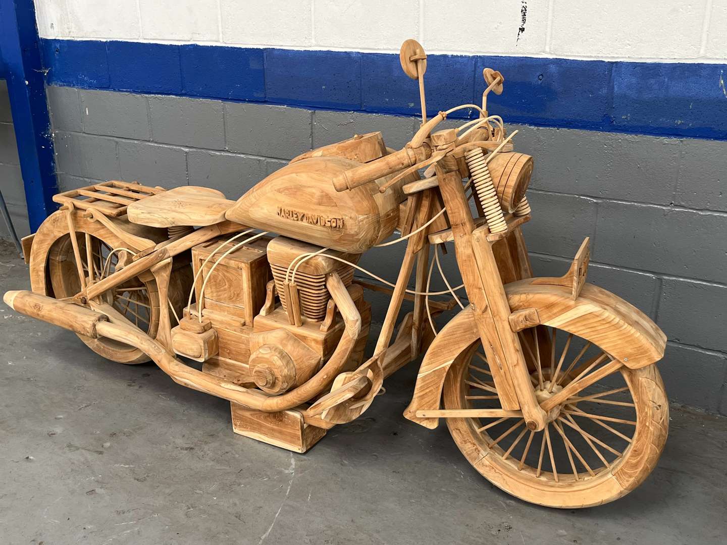 <p>Wooden Made Full Size Model of a Harley-Davidson</p>
