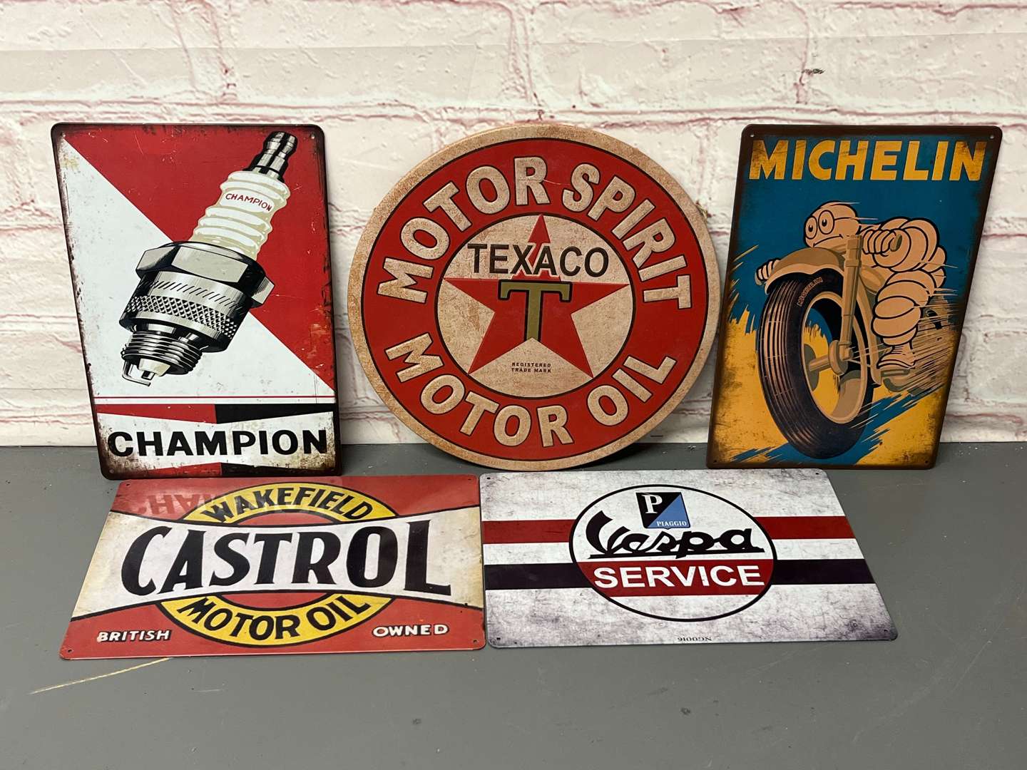 <p>Five Reproduction Tin Motoring Signs</p>