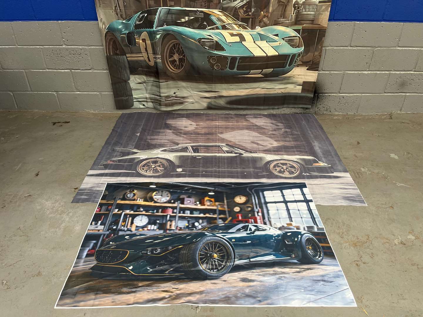 <p>Three Large Classic Car Wall Hangings</p>