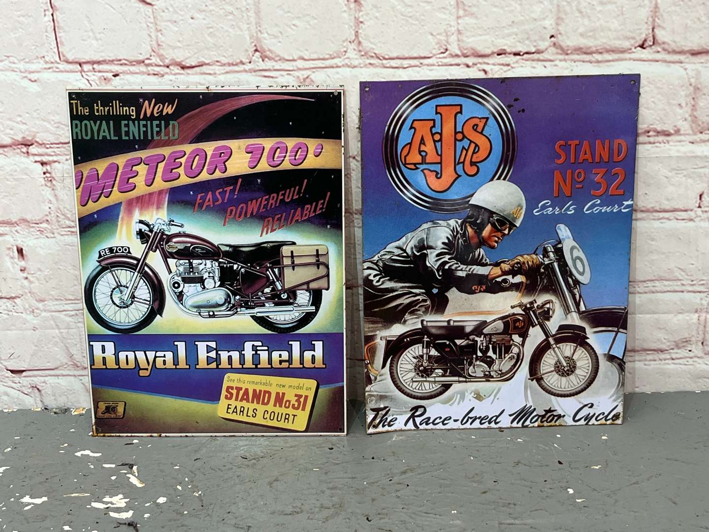 <p>Esso Mr Drip Metal Sign & AJS/Royal Enfield Tin Signs (3)&nbsp;</p>