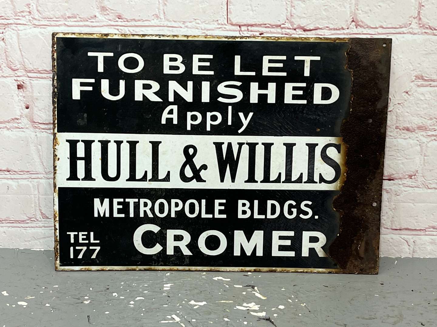 <p>To Be Let Furnished Apply Hull & Willis of Cromer Enamel Sign</p>