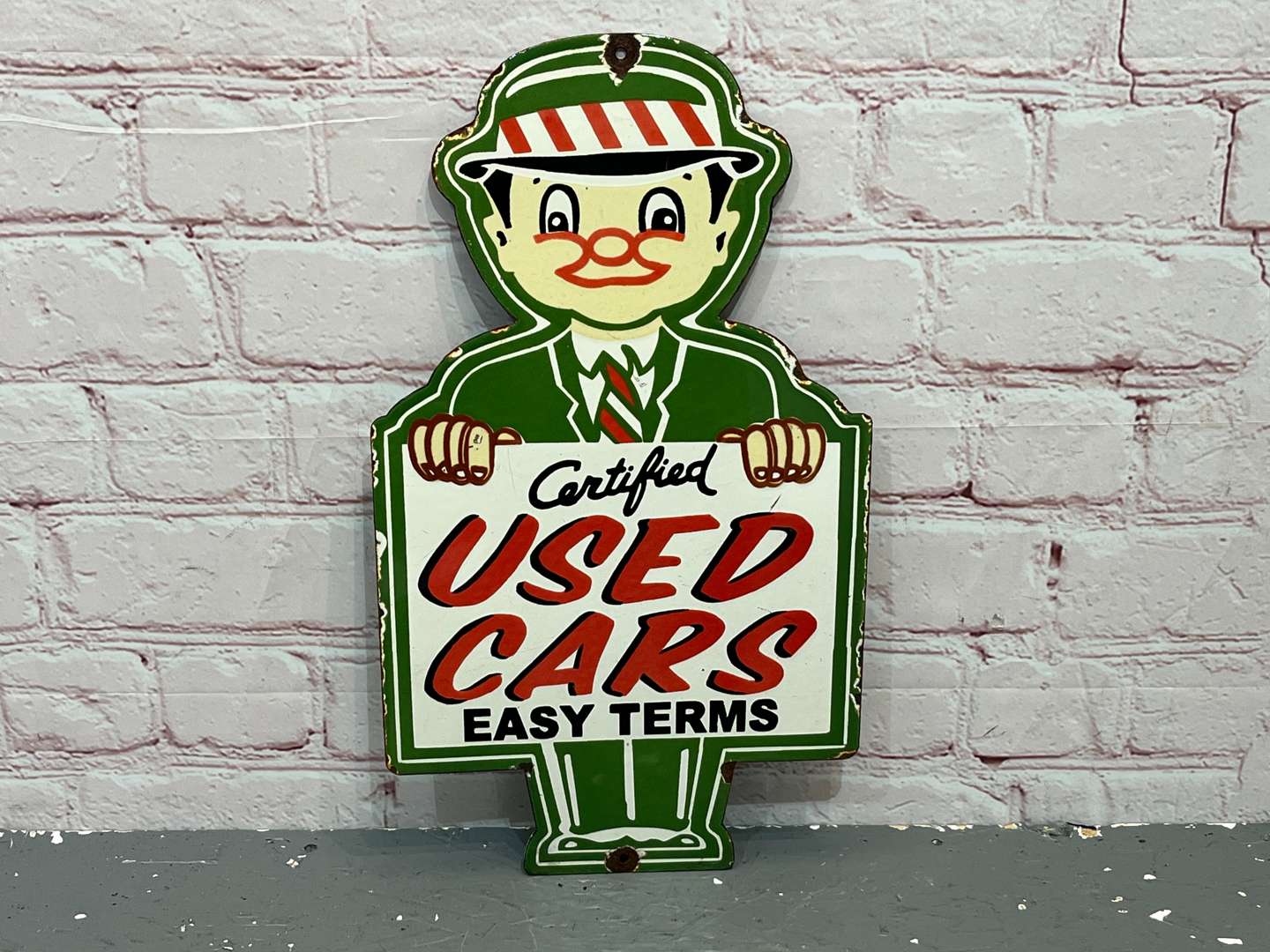 <p>Certified Used Cars Easy Terms Salesman Enamel Sign</p>
