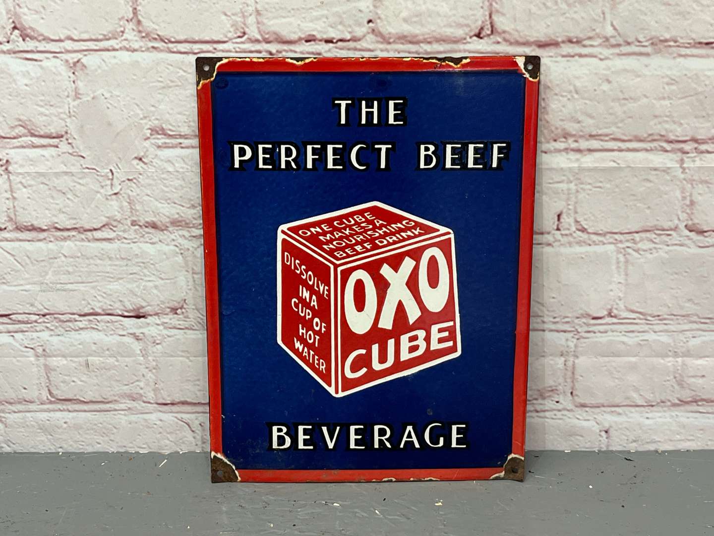 <p>OXO Cube “The Perfect Beef Beverage" Enamel Sign</p>